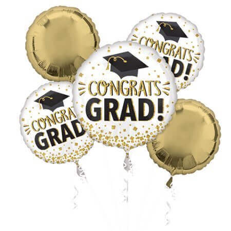 Congrats Grad Glitter Confetti Mylar Balloons Bouquet - Gold, White, and Black (5ct) G8 - SKU:4434501 - UPC:026635443456 - Party Expo