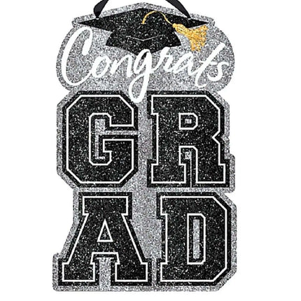 Congrats Grad Silver Glitter Hanging Decoration Sign (20x12") Party Expo  