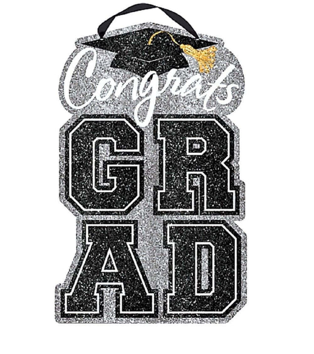 Congrats Grad Silver Glitter Hanging Decoration Sign (20x12") - SKU:241043 - UPC:013051543310 - Party Expo