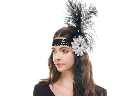 Flapper Black Sequin Headband Feathers & Beads - SKU:HB121 - UPC:831687034428 - Party Expo