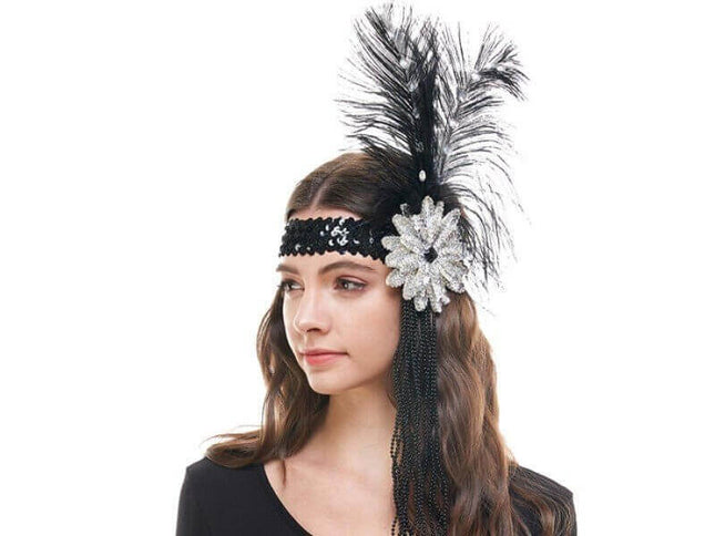 Flapper Black Sequin Headband Feathers & Beads - SKU:HB121 - UPC:831687034428 - Party Expo