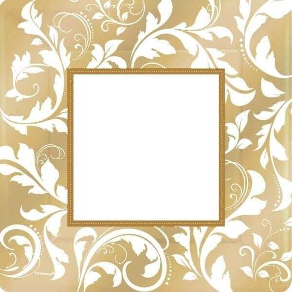 Gold Elegant Scroll Square Plates (16ct) - SKU:593851 - UPC:013051353155 - Party Expo