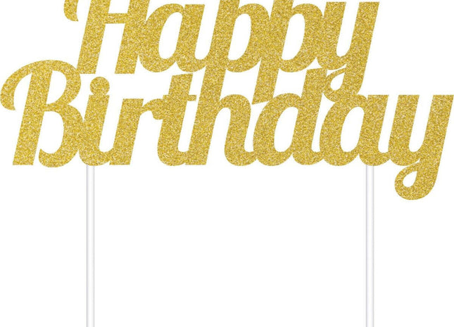 Gold Glitter 'Happy Birthday' Cake Topper - SKU:324540 - UPC:039938416355 - Party Expo