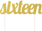 Gold Glitter 'Sixteen' Cake Topper - SKU:324535 - UPC:039938416300 - Party Expo