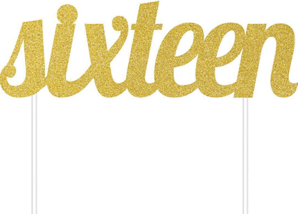 Gold Glitter 'Sixteen' Cake Topper - SKU:324535 - UPC:039938416300 - Party Expo