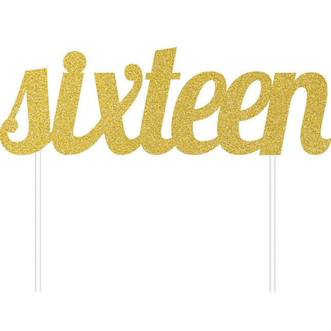 Gold Glitter 'Sixteen' Cake Topper - SKU:324535 - UPC:039938416300 - Party Expo