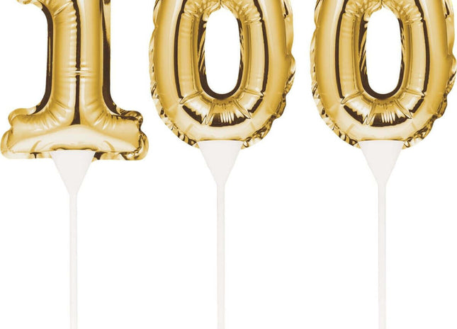 Gold Number '100' Self-Inflating Balloon Cake Topper - SKU:331855- - UPC:039938504380 - Party Expo