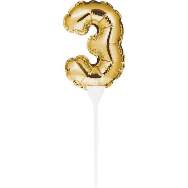 Gold Number '3' Self-Inflating Balloon Cake Topper - SKU:331859- - UPC:039938504427 - Party Expo
