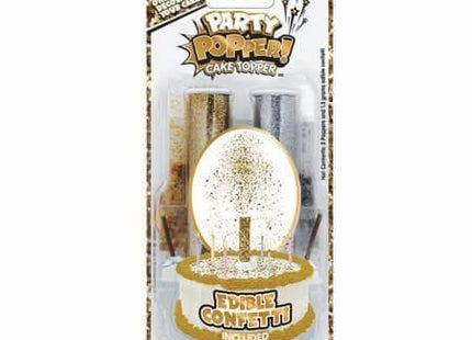 Gold & Silver Party Poppers Cake Topper with Confetti - SKU:3318 - UPC:641585033184 - Party Expo