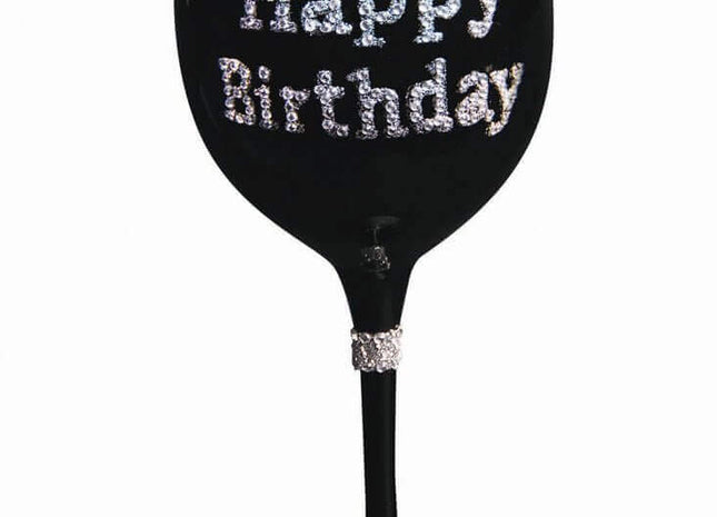 Happy Birthday Black Wine Glass - SKU:F77629 - UPC:721773776298 - Party Expo