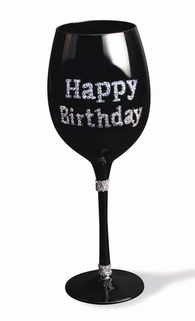 Happy Birthday Black Wine Glass - SKU:F77629 - UPC:721773776298 - Party Expo