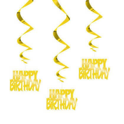 Happy Birthday Gold Hanging Decorations (3ct) - SKU:62941* - UPC:011179629411 - Party Expo