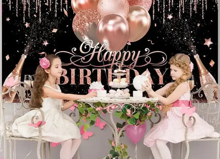 Happy Birthday Party Backdrop - Rose Gold - SKU: - UPC:248823617245 - Party Expo