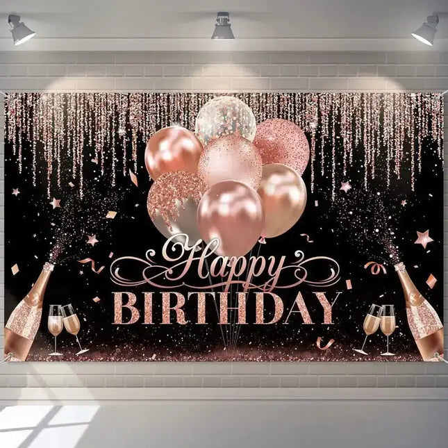 Happy Birthday Party Backdrop - Rose Gold - SKU: - UPC:248823617245 - Party Expo