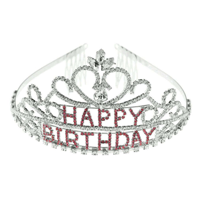 Happy Birthday Tiara - Silver with Pink Stones - SKU:60633-Pink - UPC:847218030517 - Party Expo