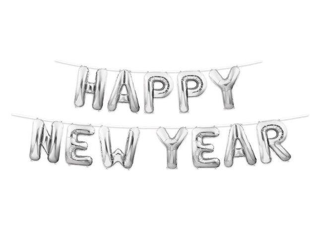 Happy New Year Balloon Streamer - Silver - SKU:80605-S - UPC:034689212409 - Party Expo
