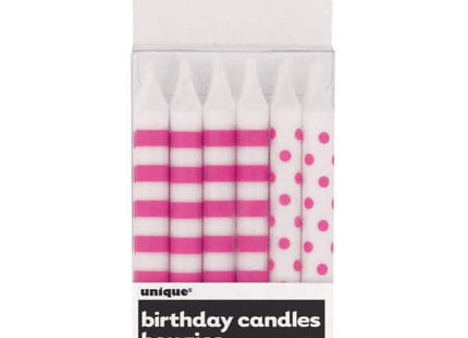 Hot Pink Stripes & Dots Birthday Candles (12ct) - SKU:19241 - UPC:011179192410 - Party Expo