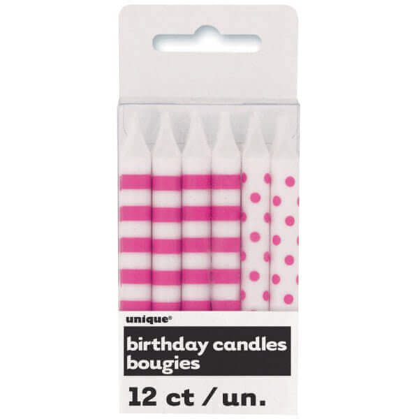 Hot Pink Stripes & Dots Birthday Candles (12ct) - SKU:19241 - UPC:011179192410 - Party Expo