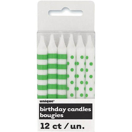 Lime Green Stripes & Dots Birthday Candles (12ct) - SKU:19242 - UPC:011179192427 - Party Expo