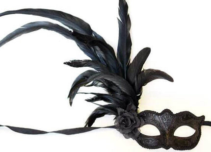 Mask with Side Rose and Feather - Black - SKU:33134B - UPC:831687017179 - Party Expo