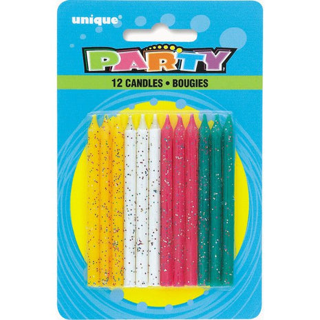 Multicolor Glitter Birthday Candles (12ct) - SKU:1903M - UPC:011179190331 - Party Expo