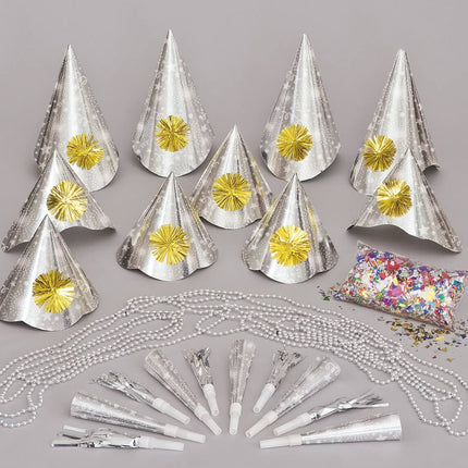 New Year's Eve Party Accessories Kit for 10 Guests - Silver - SKU:15553 - UPC:011179155538 - Party Expo