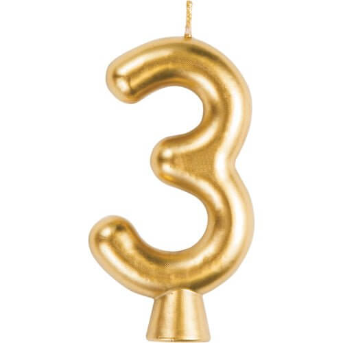 Number '3' Cake Candle - Gold - SKU:339956 - UPC:039938619718 - Party Expo
