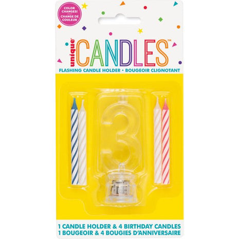 Number '3' Flashing Candle Holder with Birthday Candle - SKU:37533 - UPC:011179375332 - Party Expo