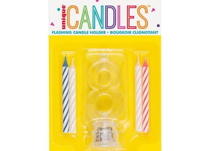 Number '8' Flashing Candle Holder with Birthday Candle - SKU:37538 - UPC:011179375387 - Party Expo