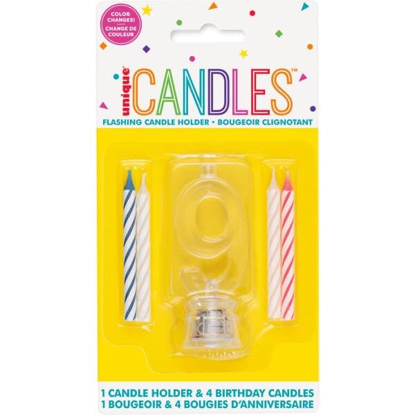 Number '9' Flashing Candle Holder with Birthday Candle - SKU:37539 - UPC:011179375394 - Party Expo