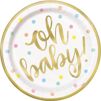 Baby Shower - 9" 'Oh Baby' Gold Plates (8ct) - SKU:73405 - UPC:011179734054 - Party Expo