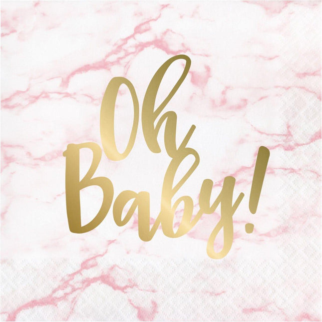 "Oh Baby" Marble Lunch Napkins - Pink (16ct) - SKU:353964 - UPC:039938836993 - Party Expo