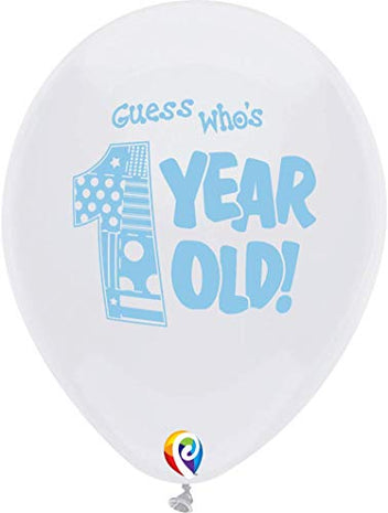 PartyMate - 12" Guess Who's 1 Year Old! Latex Balloons - Blue & White (8ct) - SKU:17972 - UPC:071444179720 - Party Expo