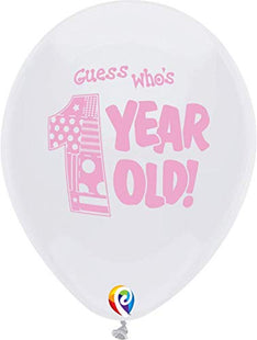 PartyMate - 12" Guess Who's 1 Year Old! Latex Balloons - Pink & White (8ct) - SKU:17971 - UPC:071444179713 - Party Expo