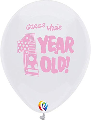 PartyMate - 12" Guess Who's 1 Year Old! Latex Balloons - Pink & White (8ct) - SKU:17971 - UPC:071444179713 - Party Expo