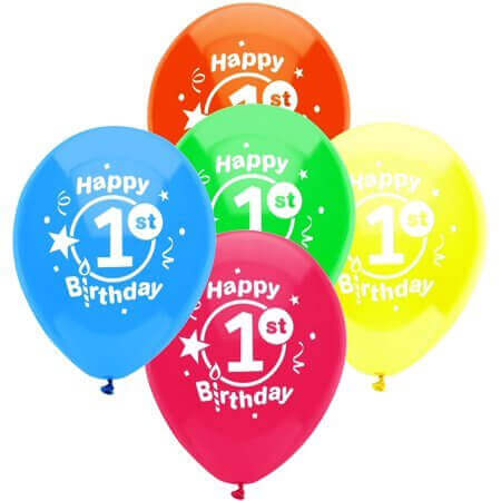 PartyMate - 12" Happy 1st Birthday Party Latex Balloons - Multicolors (8ct) - SKU:24591 - UPC:071444245913 - Party Expo