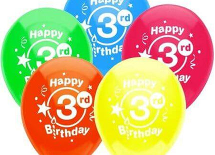 PartyMate - 12" Happy 3rd Birthday Party Latex Balloons - Multicolor (8ct) - SKU:24617 - UPC:071444246170 - Party Expo