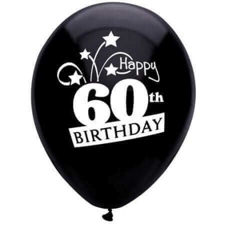 PartyMate - 12" Happy 60th Birthday Shooting Stars Latex Balloons - Black (8ct) - SKU:24664 - UPC:071444246644 - Party Expo