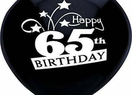 PartyMate - 12" Happy 65th Birthday Shooting Stars Latex Balloons - Black (8ct) - SKU:24734 - UPC:071444247344 - Party Expo