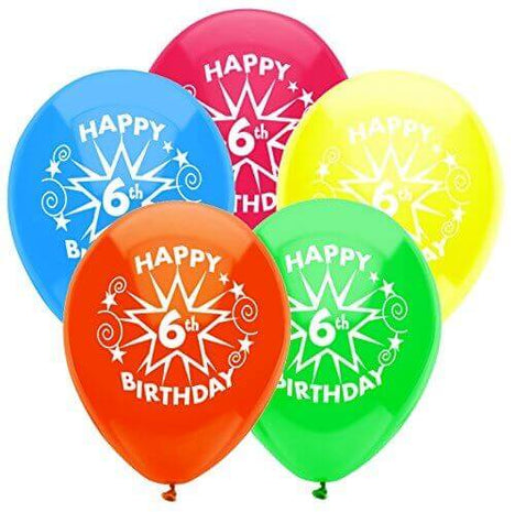PartyMate - 12" Happy 6th Birthday Star Latex Balloons - Multicolor (8ct) - SKU:24626 - UPC:071444246262 - Party Expo
