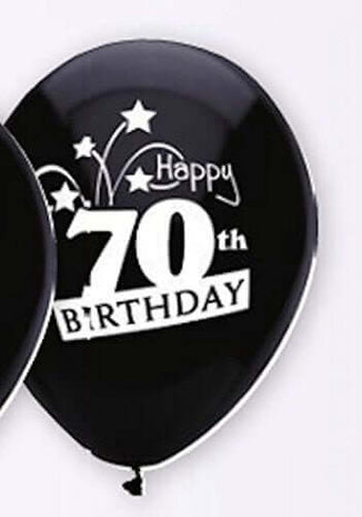 PartyMate - 12" Happy 70th Birthday Shooting Stars Latex Balloons - Black (8ct) - SKU:24745 - UPC:071444247450 - Party Expo