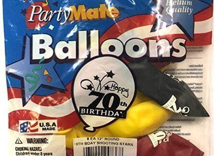 PartyMate - 12" Happy 70th Birthday Shooting Stars Latex Balloons - Multicolor (8ct) - SKU:24736 - UPC:071444247368 - Party Expo