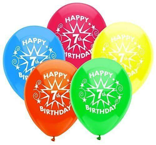 PartyMate - 12" Happy 7th Birthday Star Latex Balloons - Multicolor (8ct) - SKU:24628 - UPC:071444246286 - Party Expo