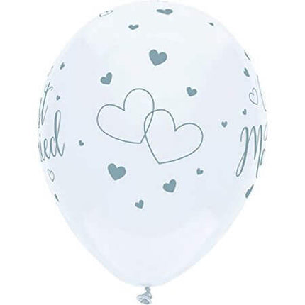 PartyMate - 12" White Just Married Hearts Latex Balloons (6ct) - SKU:24377 - UPC:071444243773 - Party Expo