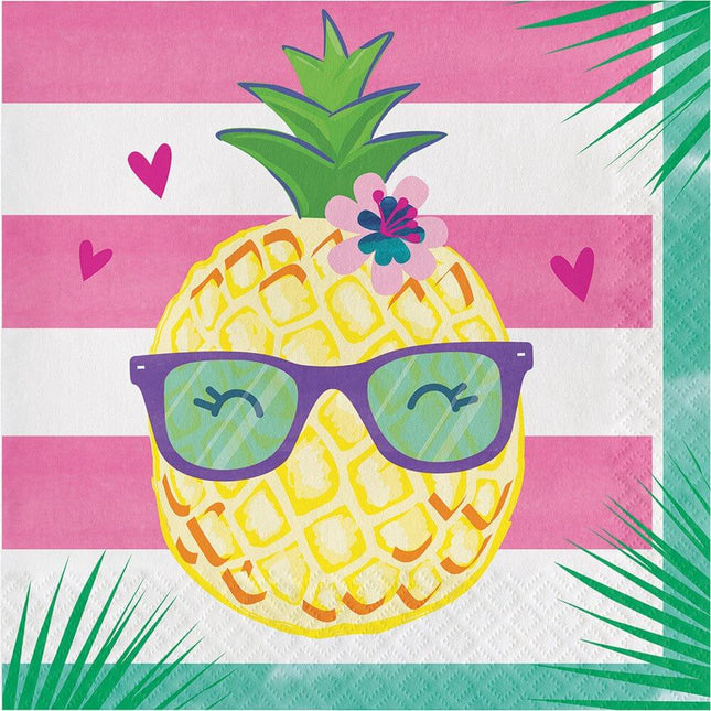 Pink & Green Happy Pineapple Striped Lunch Napkins (16ct) - SKU:332424 - UPC:039938511302 - Party Expo