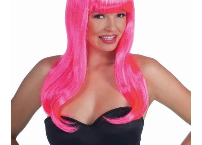 Pink Neon Long Wig - One Size - SKU:68222 - UPC:721773682223 - Party Expo