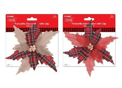 9" Poinsettia Flowers With Clip And Plaid Print - Faux Burlap (1ct) - SKU:XO3142 - UPC:677916862840 - Party Expo