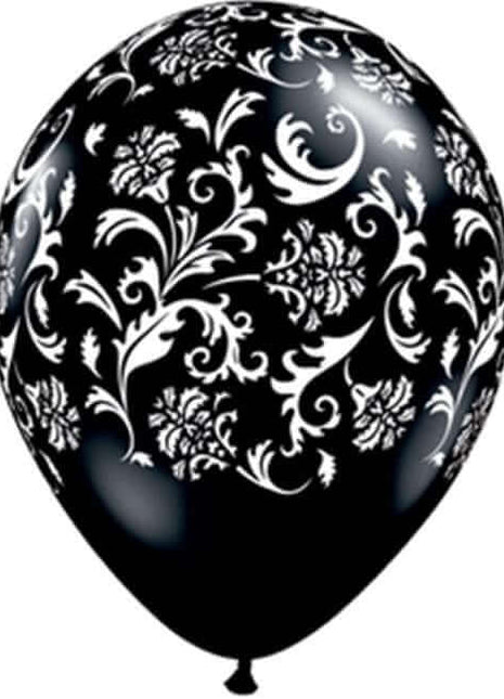 Qualatex - 11" Black with White Damask Print Latex Balloons (50ct) - SKU:59005* - UPC:071444375061 - Party Expo
