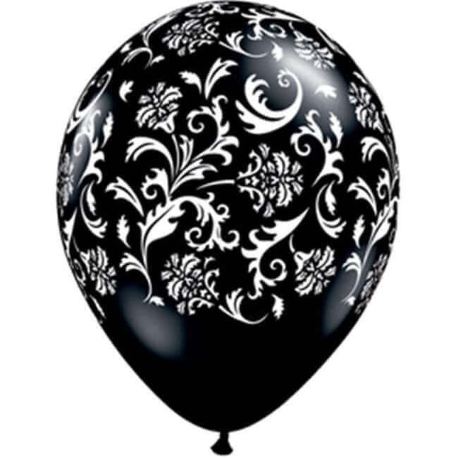 Qualatex - 11" Black with White Damask Print Latex Balloons (50ct) - SKU:59005* - UPC:071444375061 - Party Expo