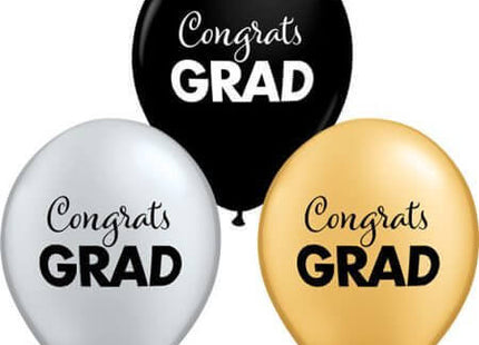 Qualatex - 11" Simply Congrats Grad Latex Balloons - Gold, Silver, & Black (50ct) - SKU:102550 - UPC:071444986182 - Party Expo